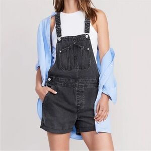 Black Denim Overall Shorts